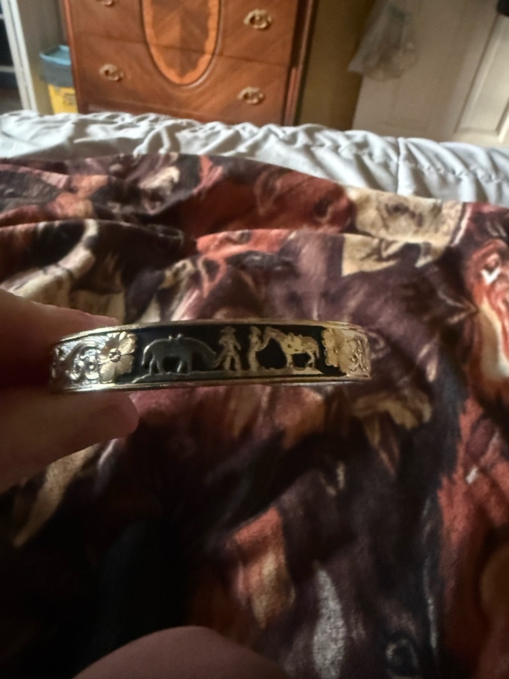 Silver-Tone horses and Floral Bangle Bracelet - Black Inlay